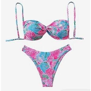 Women Vibrant bikini bathing suit pink teal blue shell front twist swimsuit Sz L